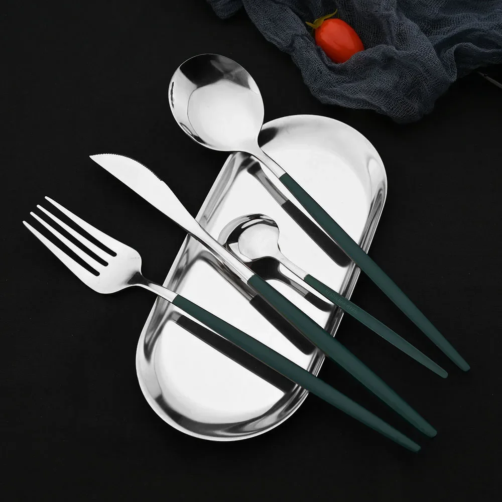 16Pcs Green Silver Dinnerware Set Knife Fork Coffee Spoon Cutlery Set Stainless Steel Tableware Western Home Kitchen Flatware