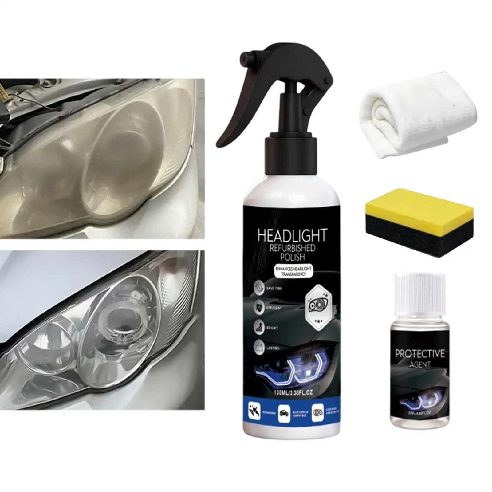 Car Headlight Restoration Yellow Restoration Cleaner with Sponge and Towel Automotive Headlamp Restoration Fluid for Truck SUV