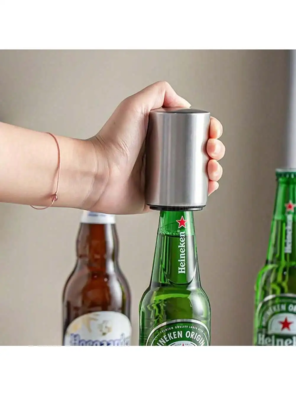 2pcs Stainless Steel Automatic Beer Bottle Opener - Magnetic Press Top Cap Remover For Home, Camping, Bar And Party