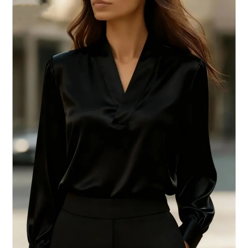 Otoño mujer Color sólido camisas y blusas de satén primavera nuevo cuello en V manga larga suelta ajuste Oficina Casual elegante Top de trabajo