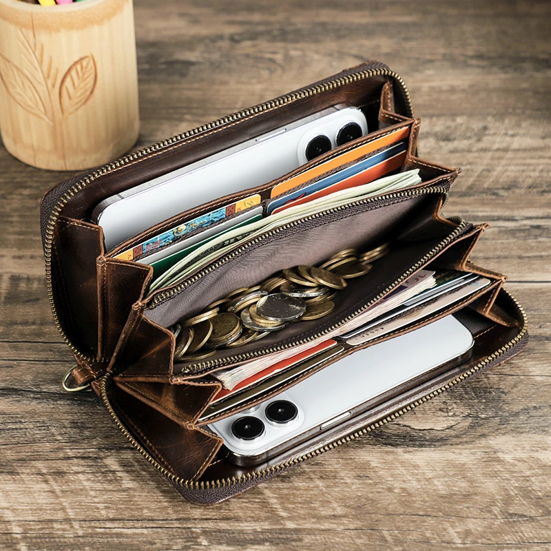 CONTACT\'S Genuine Leather Men Long Wallet Large Capacity Male Clutch Zipper Coin Cellphone Pocket Card Holder Casual Purse