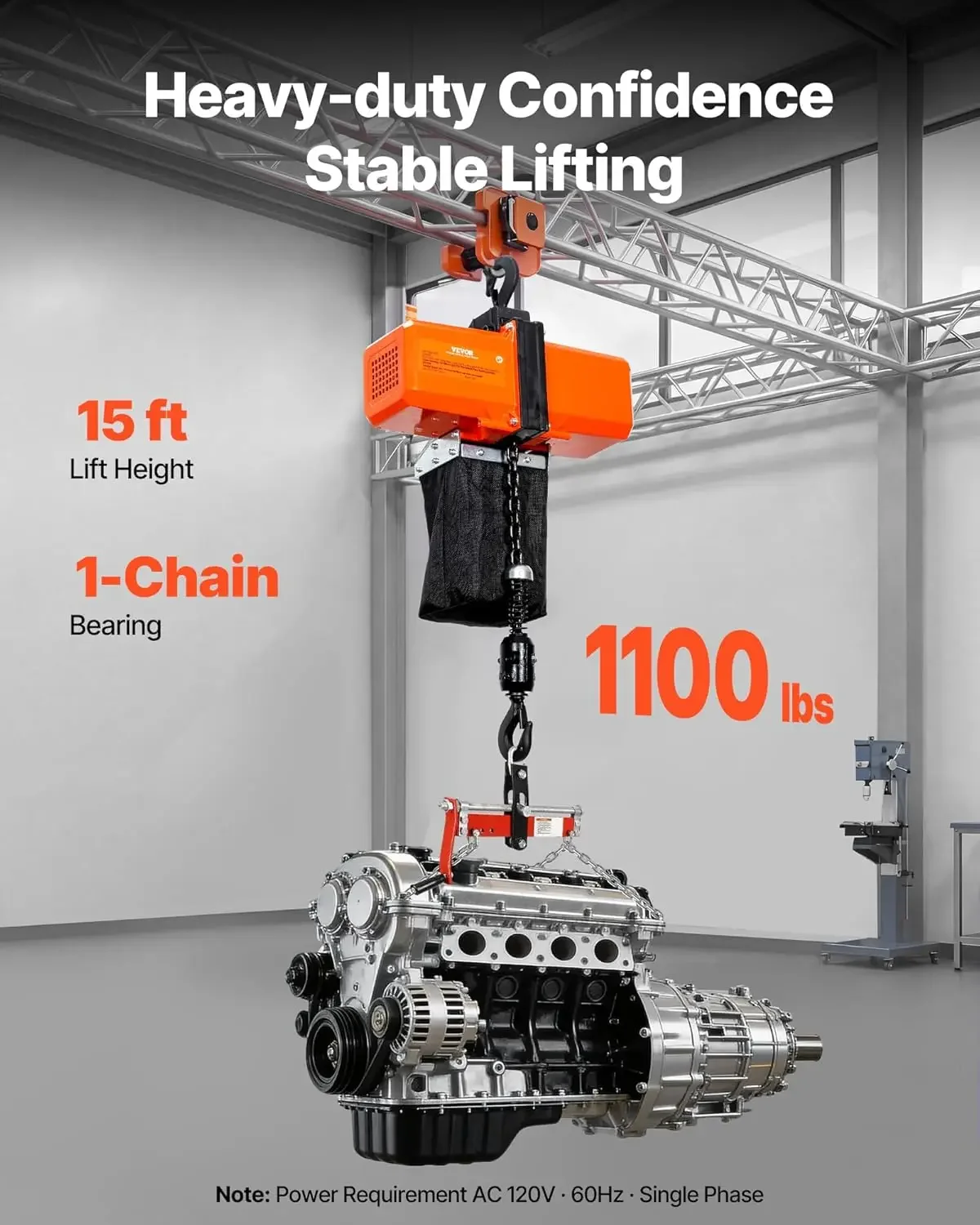 1100 lbs Electric Chain Hoist 15 FT Lifting Height 120V Electric Hoist Single Phase Overhead Crane with G100 Chain 10 ft Wired