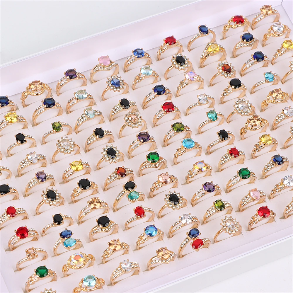 

Wholesale 36Pcs/Lot Fashion Colorful Rhinestone Gold Color Rings For Women Mix Style Wedding Jewelry Party Gifts Size 16-19mm