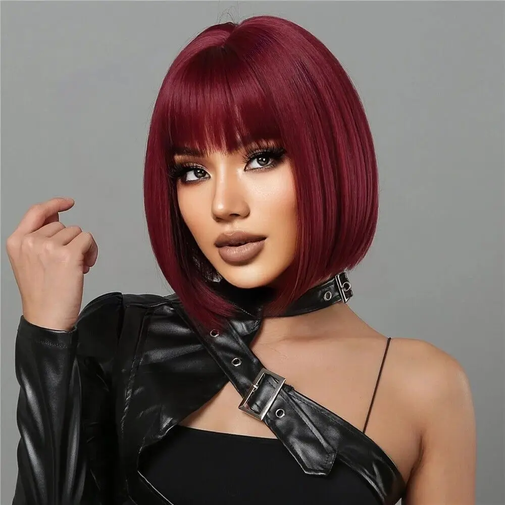 Women Short Synthetic Hair with Bangs Red Bob Hair Straight  Daily Wear Wigs