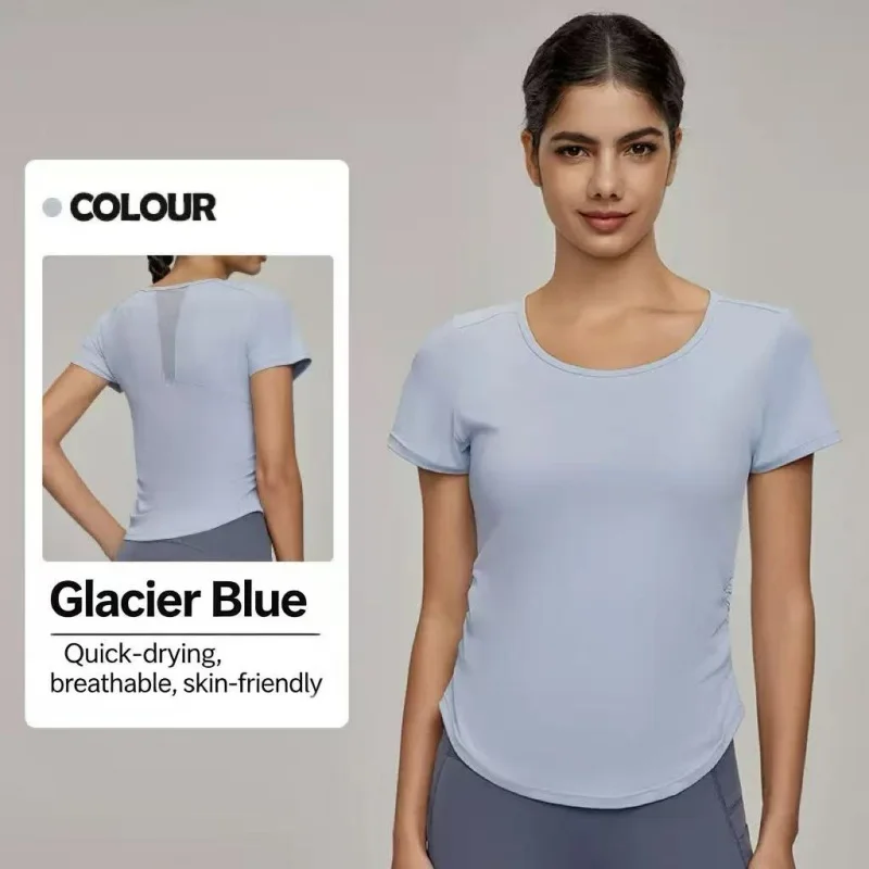 Damen Yoga-Shirt mit kurzen Ärmeln aus Mesh, schnelltrocknend, atmungsaktiv, mit seitlich geraffter Taille, figurbetont, sportliches T-Shirt, Sommer-Gym-Activewear – Detail 2