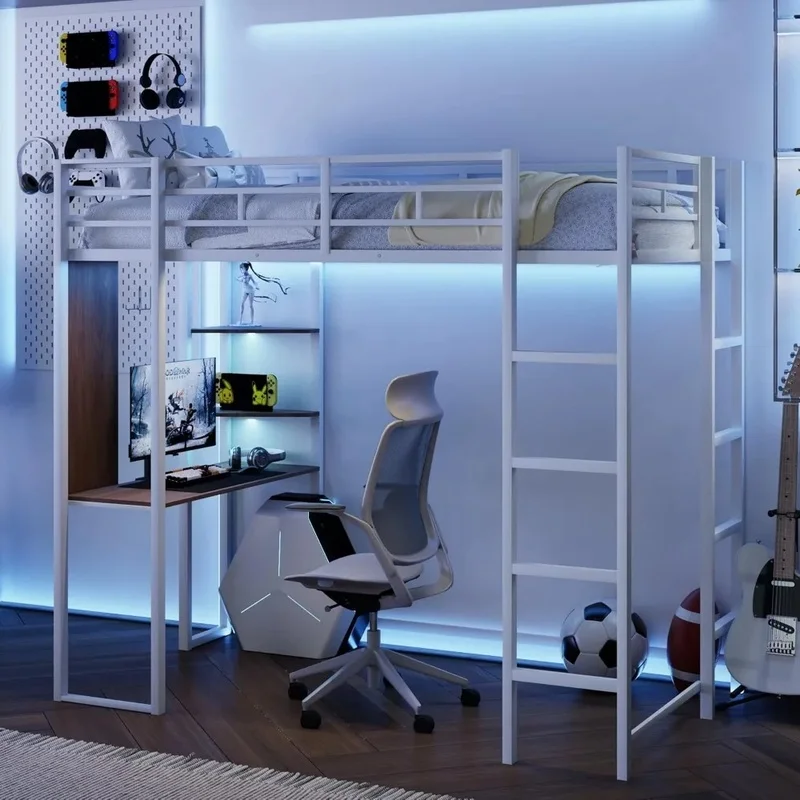 

Loft Bed Frame with Dual Shelves and Desk, Features 2 Built-in Ladders, 12.2" High Safety Guardrail, Noise-Free Design