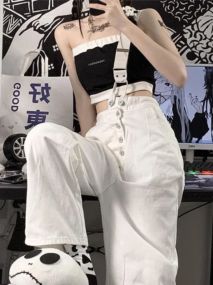 Women Jumpsuit Harajuku White Jeans Korean Style Streetwear Black Denim Pants Female High Waist Trouser Casual Aesthetic