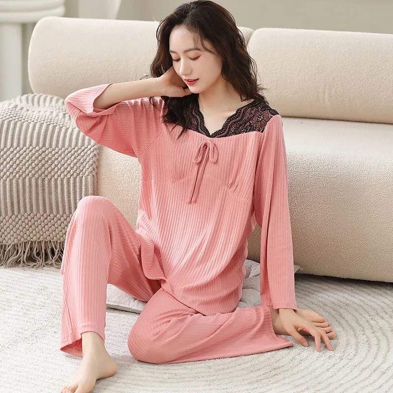 

Modal Pajamas Female Autumn Floss Silk Long Sleeve A Loungewear Set Can Worn Outside Loose Large Size Mom Wears Maternity Dress