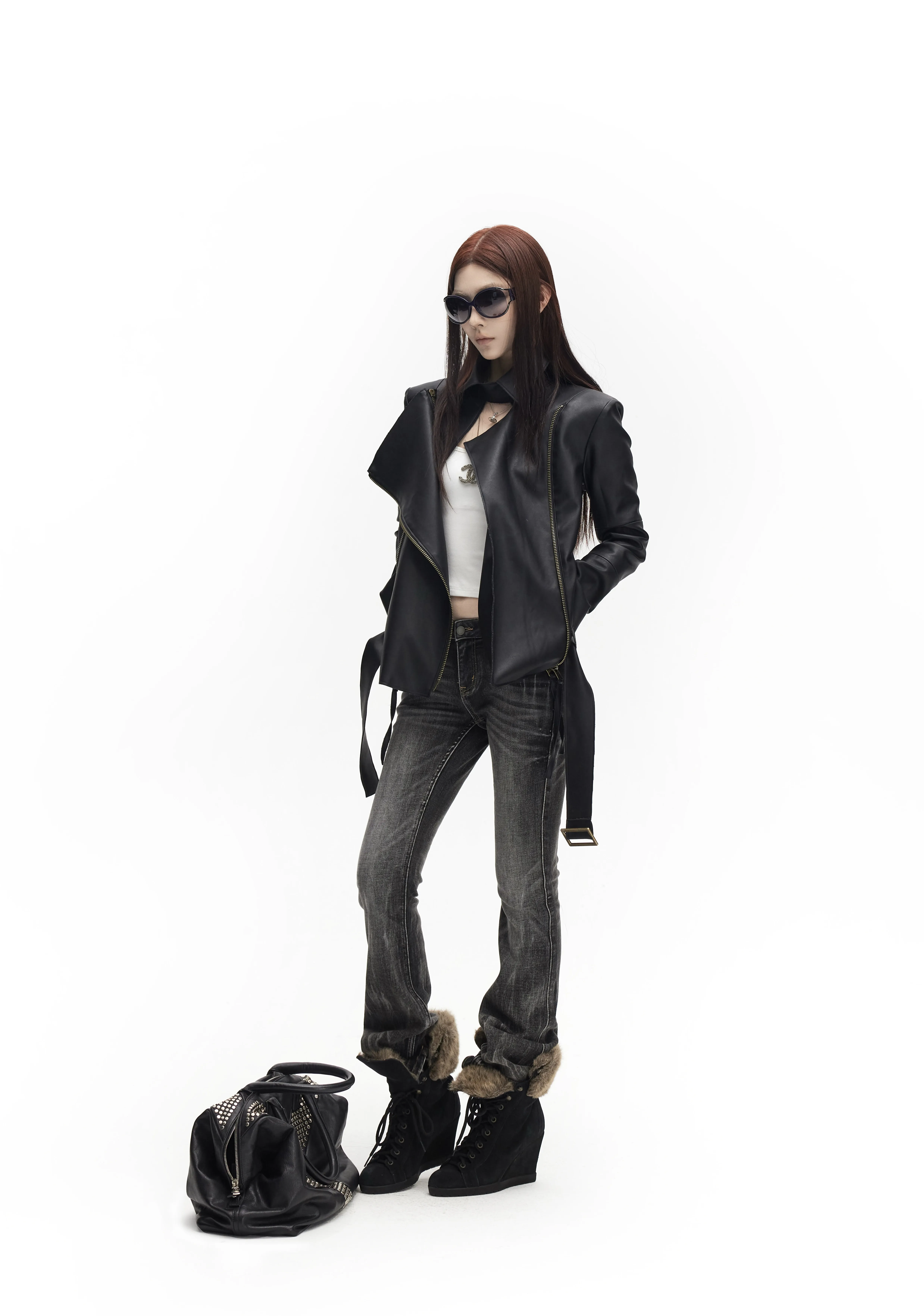 Lautaro Spring Autumn Cool Handsome Soft Black Pu Leather Jacket Women Long Sleeve Double Zippers Luxury Clothes Runway Fashion