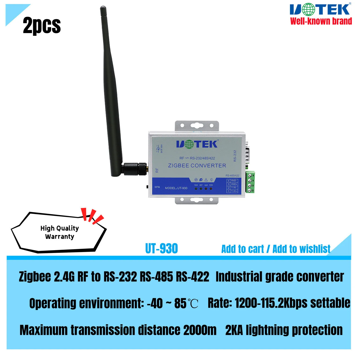 

2x UOTEK Industrial Zigbee 2.4G RF to RS-232 RS-485 RS-422 Data Transmission Converter Wireless RS232 RS485 RS422 Adapter UT-930