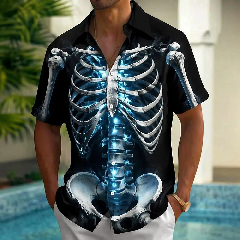 Men's Skull Skeleton Print 3D Shirts Fashion Button Up Short Sleeve Hawaiian Shirt Summer Outdoor Holiday Party Street Style Top