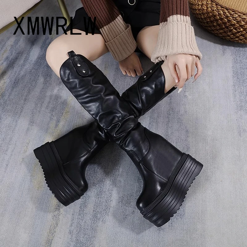 XMWRLW Women\'s Knee-High Boots Leather Platform Shoes Hidden Heel Women Shoes Thick Sole Women High Boots Autumn Winter Boot