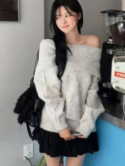 Suéter coreano Sle Lazy One oulder ahuecado largo de punto para mujer Otoño Invierno nuevo suéter de corazón de advertencia de deseo puro