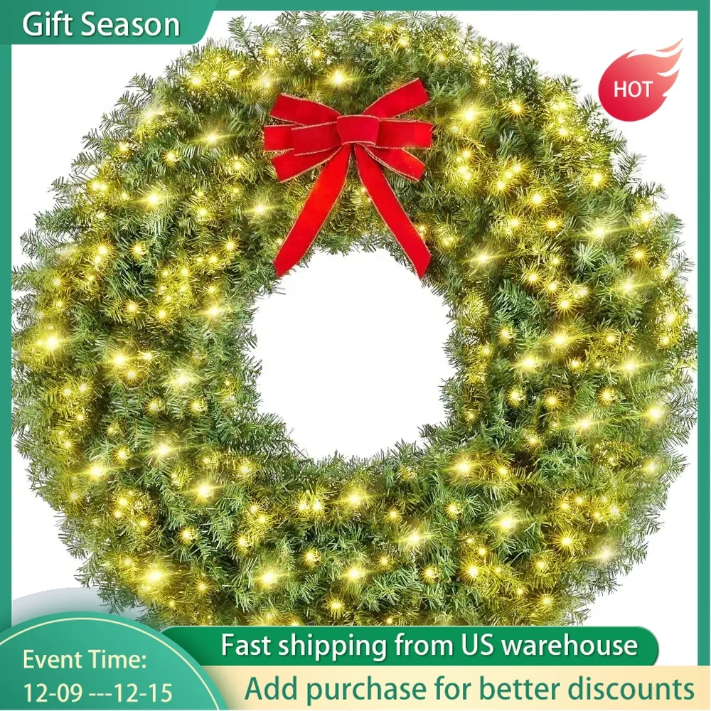 48 Inch Artificial Christmas Wreath with 300 LED Lights and 1026 Metal Structures, Pre Lit Door and Wall for Holiday Decoration