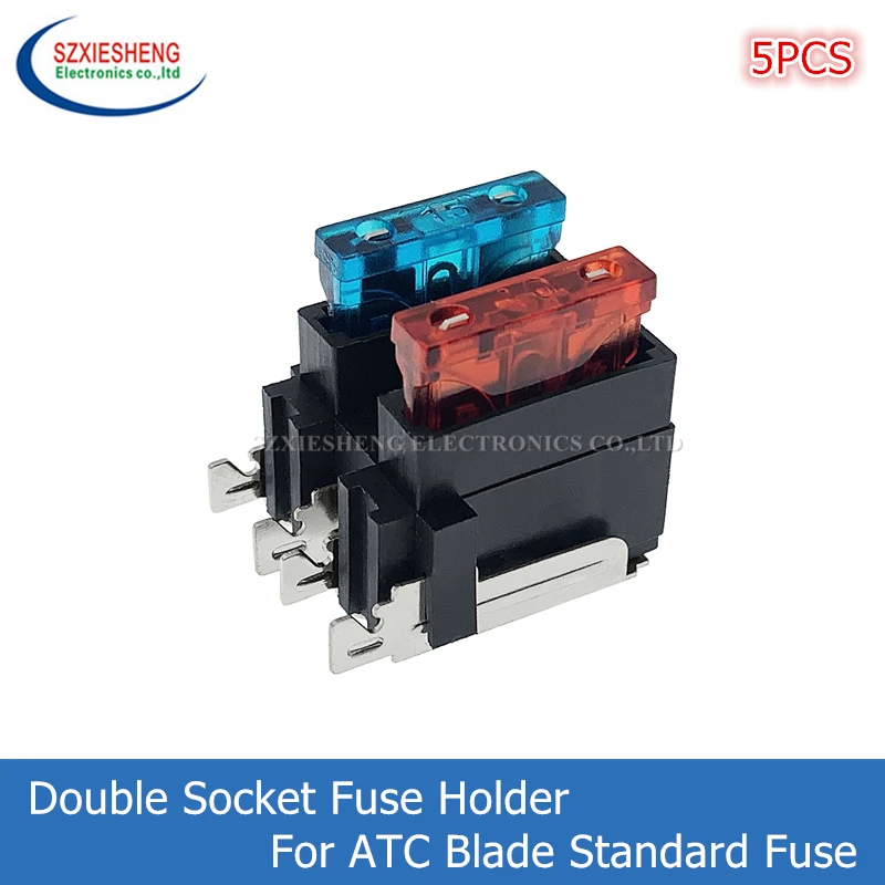 

5PCS Medium Automotive Fuse Holder 40A/32V PCB Panel Mounting Horizontal Double Socket Fuse Holder For ATC Blade Standard Fuse