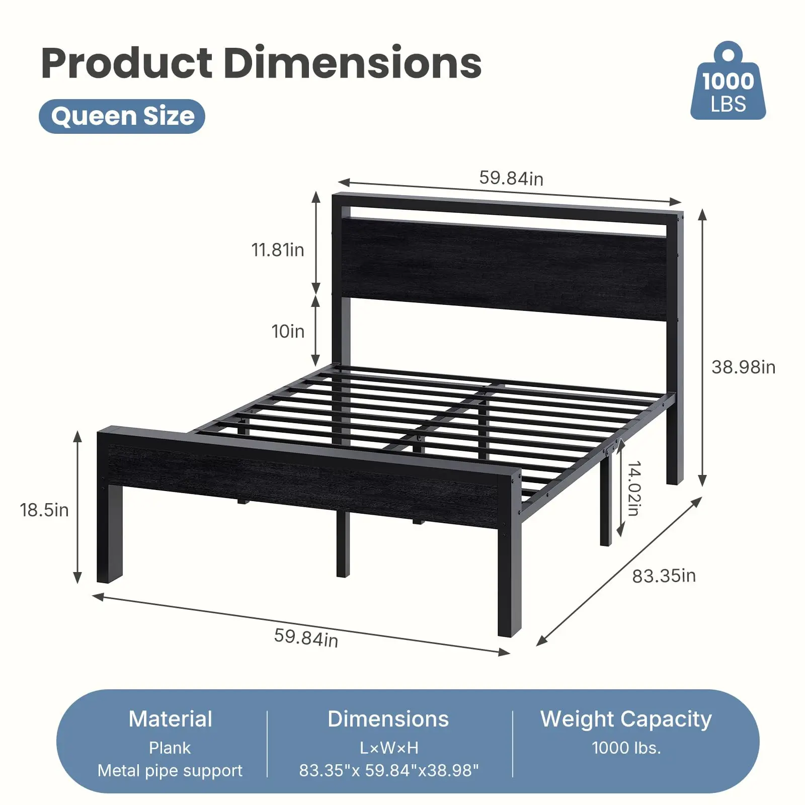 14 Inch Queen Bed Frame with Wood Headboard, Black