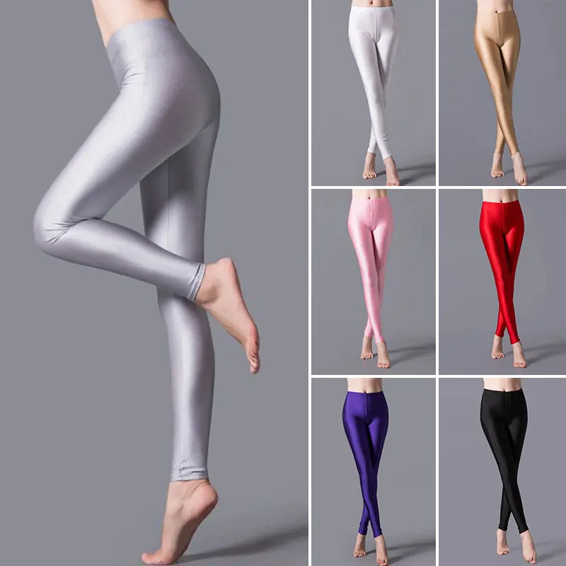 Leggings Skinny elastici pantaloni a matita pantaloni Slim donna lucido lucido Yoga pantalone alto calze effetto bagnato collant attillati senza