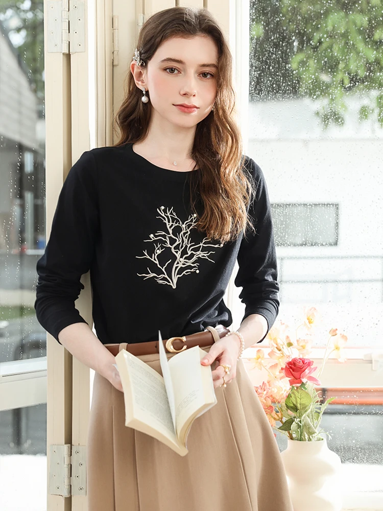 Eu acredito que você camiseta de manga comprida feminina 2025 outono moda preto bordado prego grânulo casual topos roupas femininas 2253016106