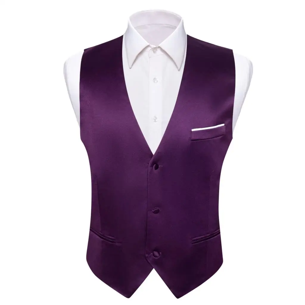 Luxury Vest for Men Purple Solid Satin Waistcoat Tie Bowtie Hanky Set Wedding Formal Male Suit Sleeveless Jacket Barry Wang