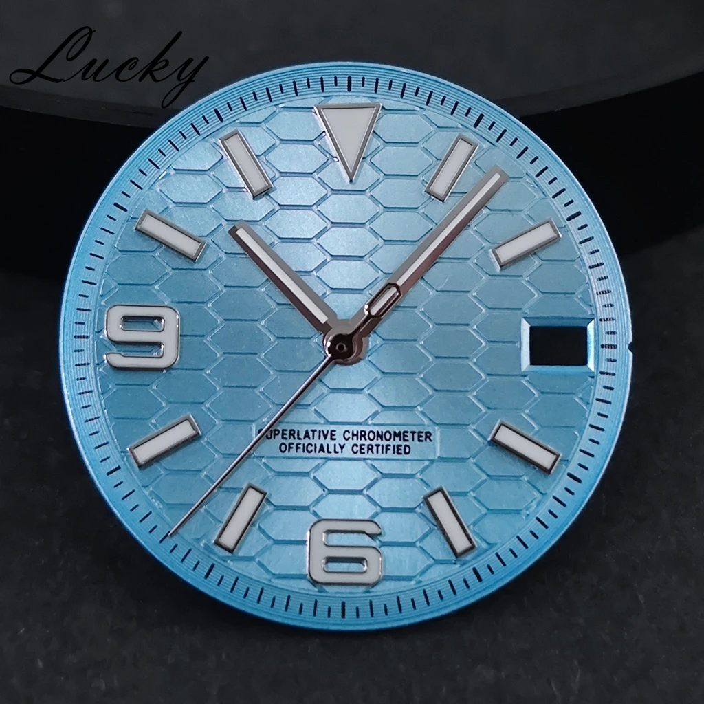 Céu azul 28.5mm mostrador emparelhado com ponteiros de alta qualidade ajuste caixa de relógio land-dweller com lume verde para relógio de movimento nh35