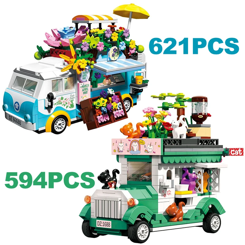 

Creative Flower Plant Truck Building Block City Street View Cat Tourist Car Vehicle Model Micro Brick Toys Gifts For Children