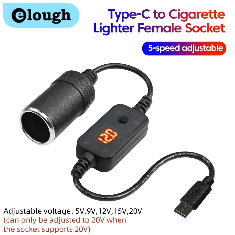 Elough Type-C to Cigarette Lighter Female Socket 5V 9V 12V 15V 20V Adjustable Voltage Converter Power Adapter PD Cable Extender