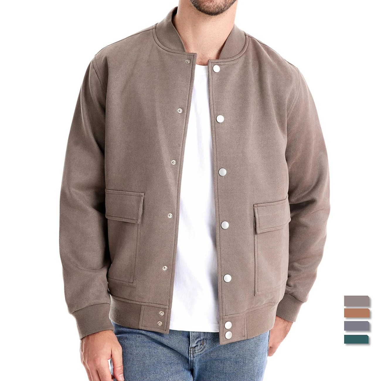 AIOPESON Mens Suede Button Up Bomber Jackets Crew Neck Button-up Baseball Casual Business Outwear Jacket for Men