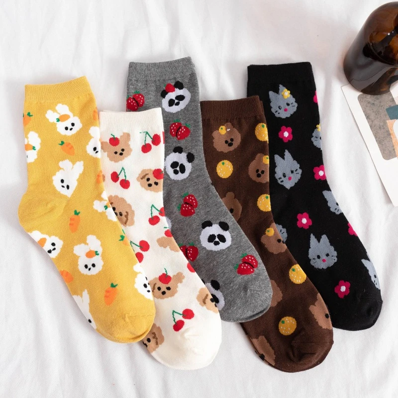 5 Paar süße Plüsch-Cartoon-Socken mit Damen-Zwischensohle, Baumwollsocken, Frühling und Herbst, einfache, bequeme Freizeitsocken