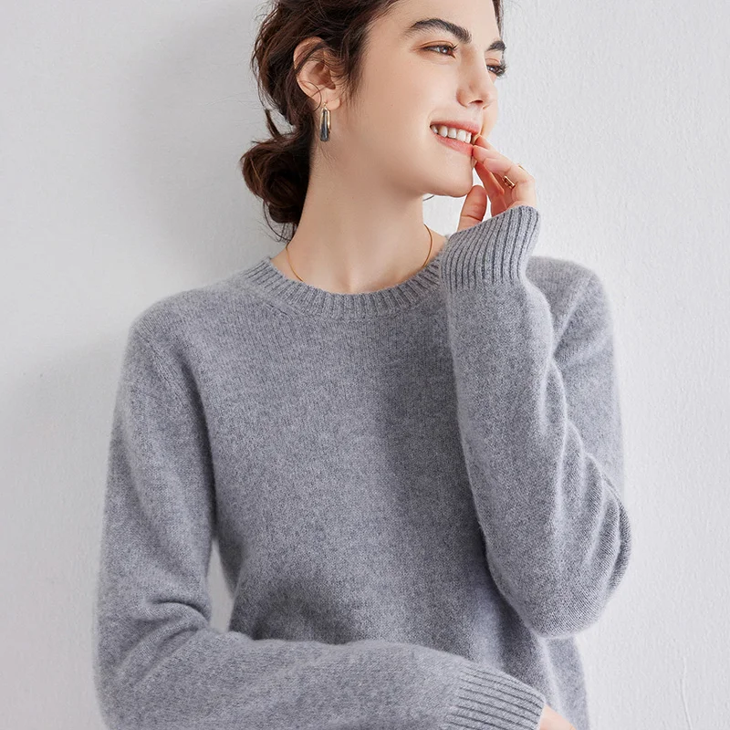 100% cashmere women's sweater O-neck knitted thick pullover soft and warm Korean version basic women's sweater women's top