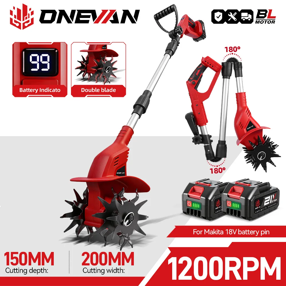 ONEVAN Bürstenloser Elektrischer Gartenfräser Rasenmäher Rototiller für Bodenbearbeitung Garten-Elektrowerkzeug für Makita 18V Akku