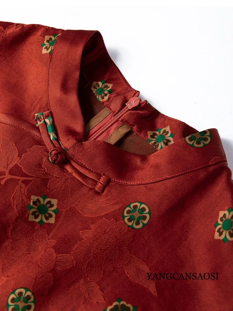 여성 패션 의류 우아한 다크 레드 100% 천연 뽕나무 실크 갬비어드 광둥 거즈 스탠드 칼라 슬림 핏 드레스