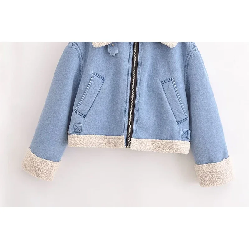 2025 Fashion High Quality Women Blue Denim Thick Lambswool Jacket Coat Casual Zipper Winter Warm Outerwear Tops Female