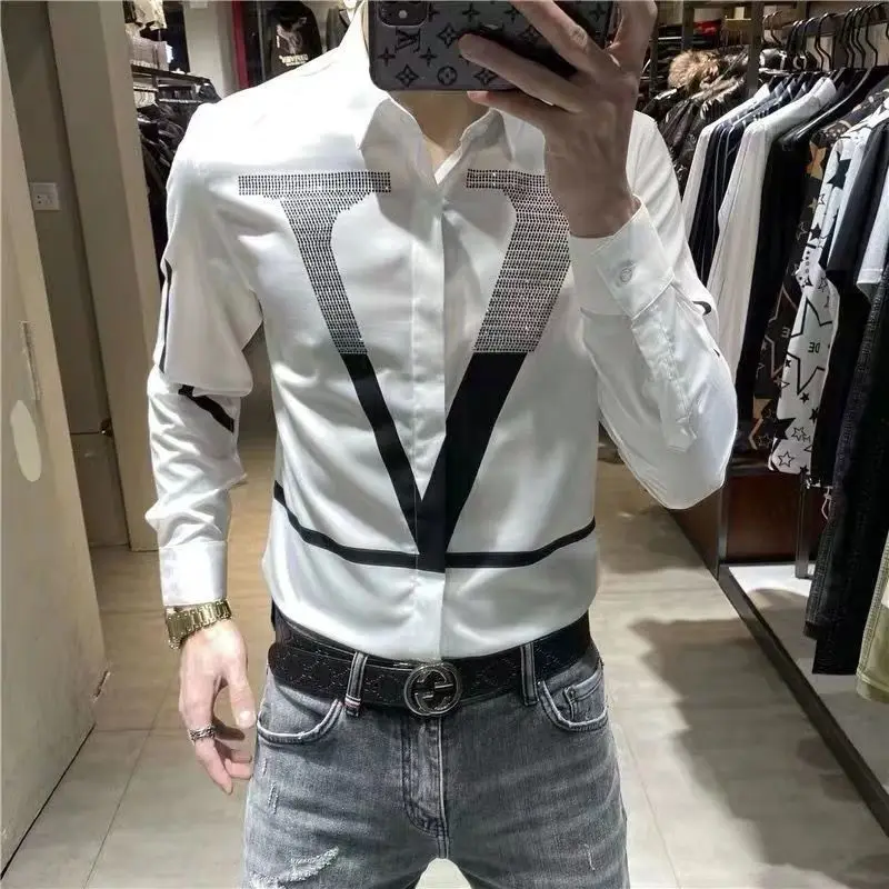 

Autumn Man Brand Quality Vintage Printed Social Shirts Luxury Men's White Slim Fit Long Sleeve Dress Shirt Fashion Chemise Homme