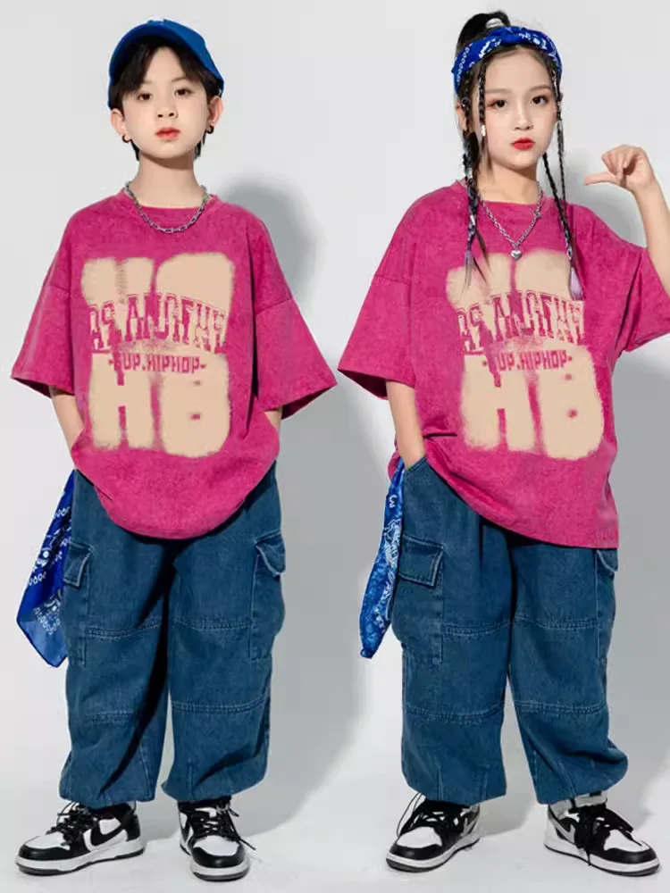 Boys Hip Hop Clothing Print Rose Shirt Jeans Cargo Pants for Girls Kids Jazz Dance Costume Clothes Set