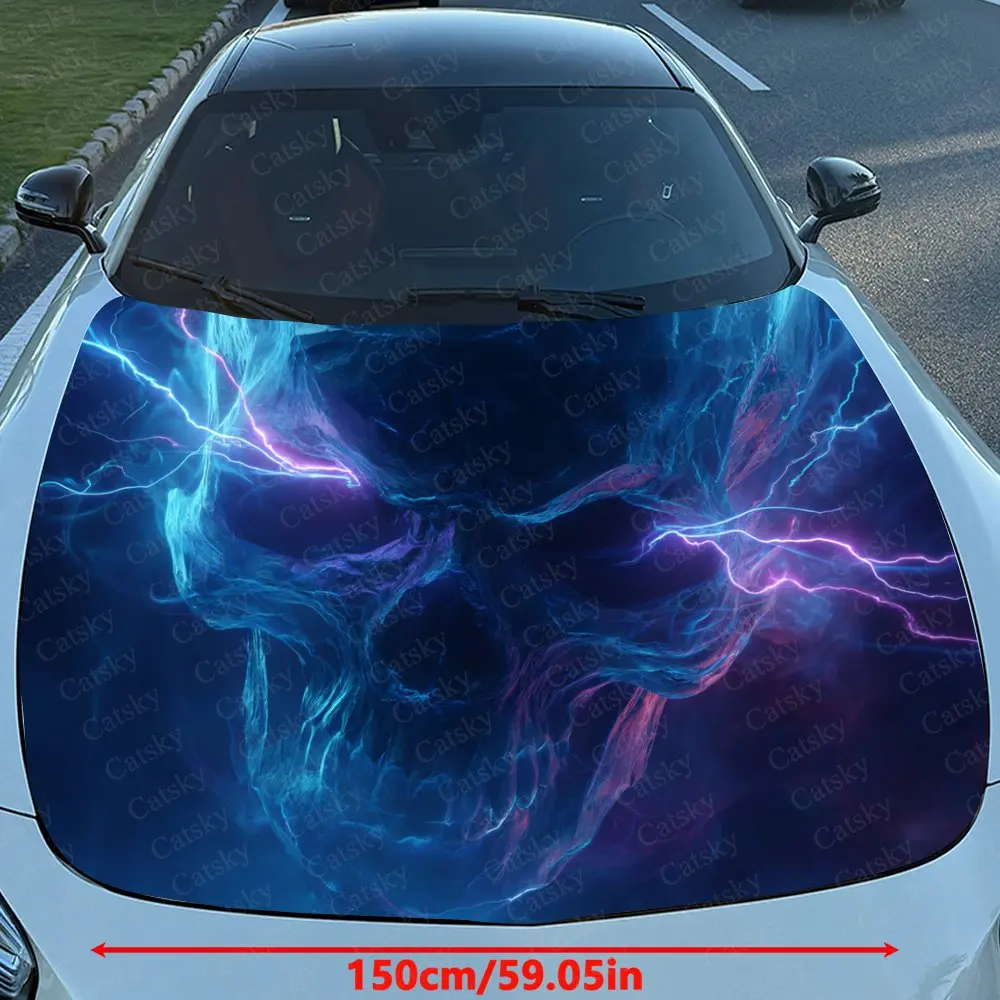 Blue Lightning Skull Car Hood Sticker, Premium Vinyl Sticker For Automotive Exterior Customization, Durable PVC Vinyl Wrap