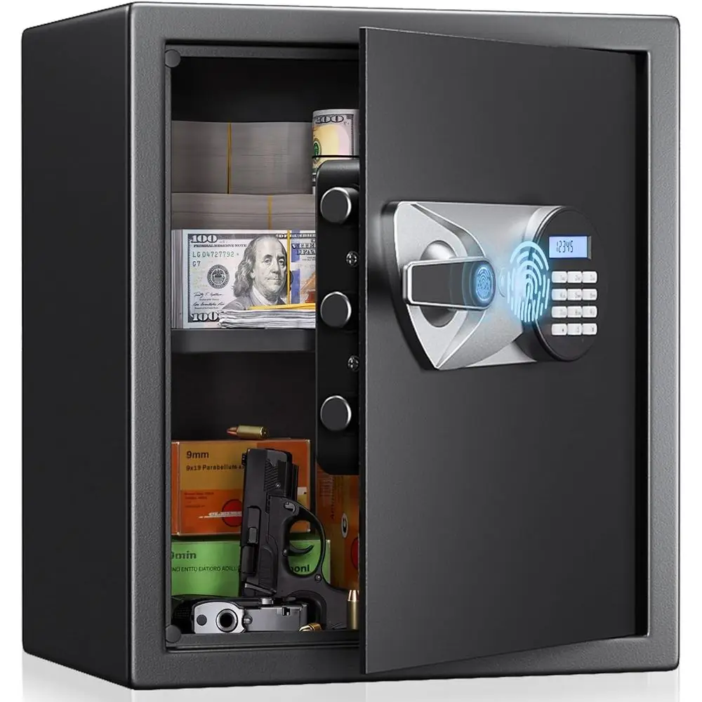Biometric Safe Box for Quick Access to Firearms, Valuables with Removable Shelves and Dual Alarm System
