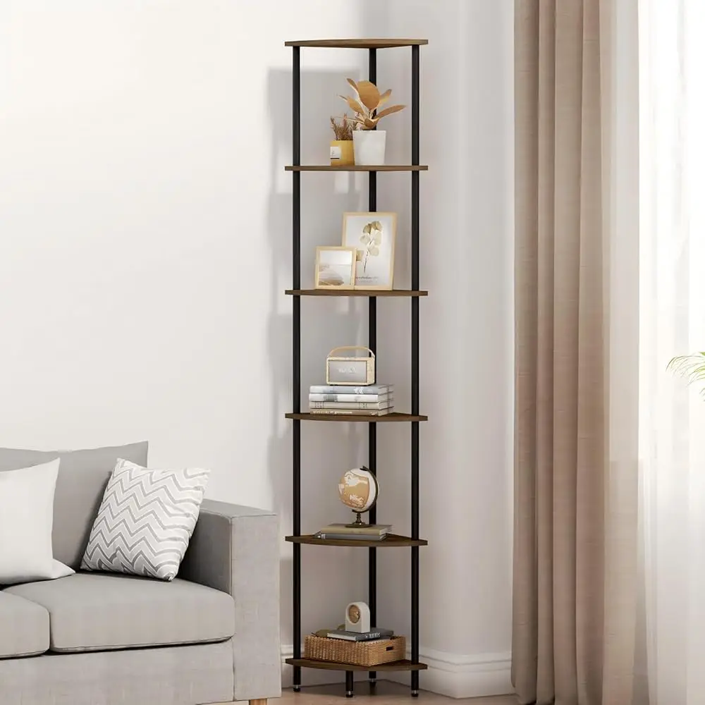

6 Tier Corner Shelf, Bookcase For Small Spaces, Corner Display Shelf, Plant Stand, Rustic Brown And Black,Suitable For
