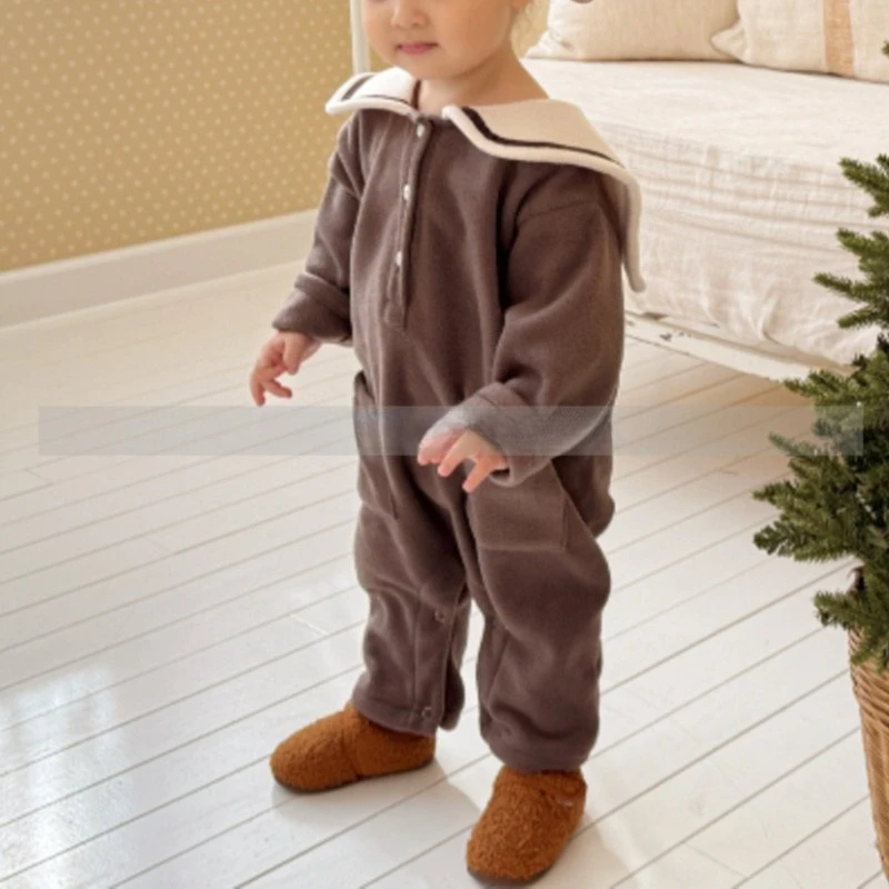 

2025 Kids Fleece Romper Navy-Style Big Turn-down Collar Jumpsuit Korean Fashion Infant Boys Girls Autumn Winter Outfit