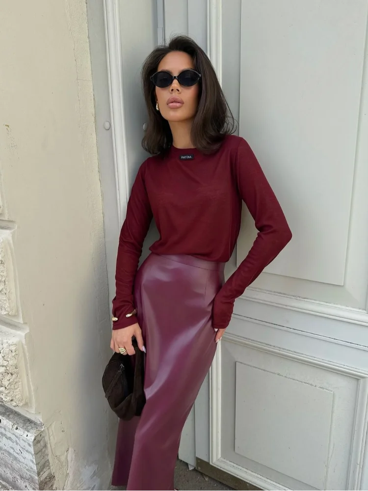 Faldas largas de cuero de cintura alta para mujer, maxifalda de tubo con abertura trasera Vintage, ropa de calle elegante, Color rojo, a la moda, 2024