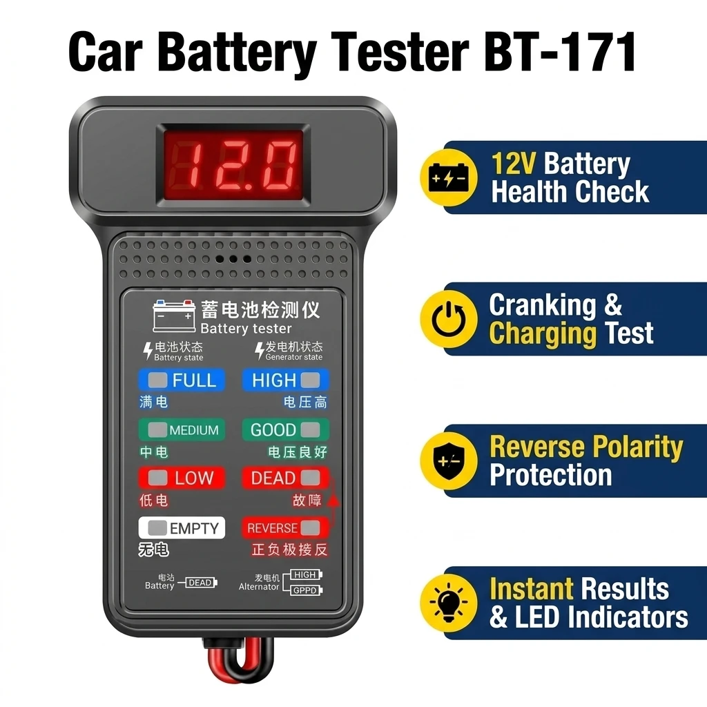 12V Car Battery Tester Digital Analyzer BT-171 Electric Relay Tester Multifunctional Battery Testers Load Cranking Tester US Auto Repair Industry Detection Electrician Testing Tool