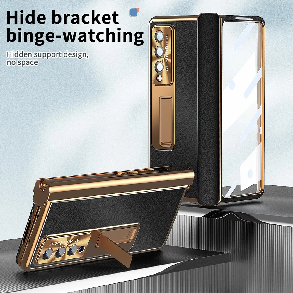 Leather Metal Stand Phone Case Screen Lens Protect For Samsung Galaxy Z Fold6 5 Fold 4 Fold3 with Pen Holder Stylus Hard Cover