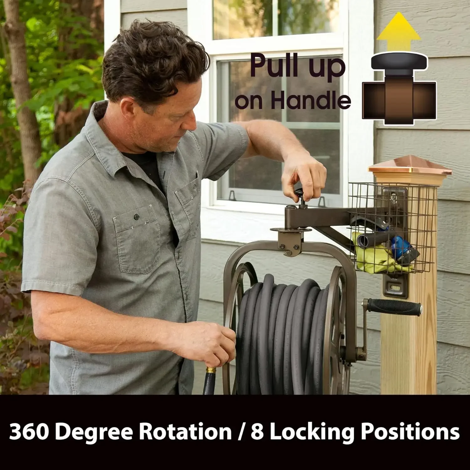 Single Arm Navigator Multi-Directional Garden Hose Reel, Holds 125-Feet of, 5/8-Inch, Bronze