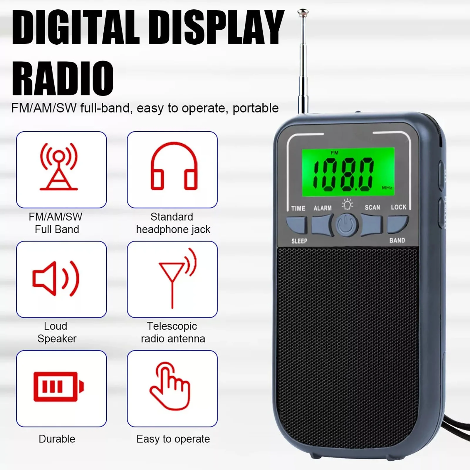 LED Display Radio FM AM SW Full Band Flashlight 3.5mm Headphone Jack Stereo Speaker, Hand Strap Compact Outdoor Emergency Radio