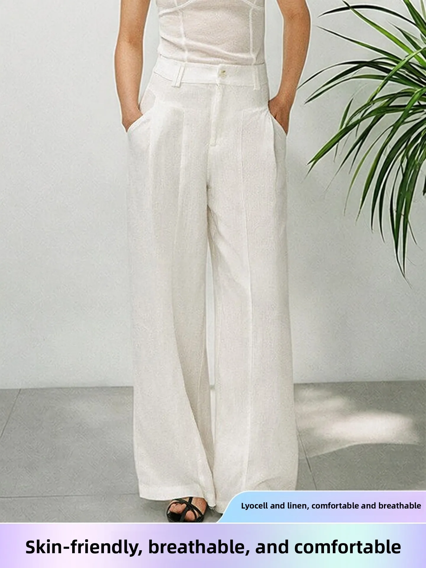 Linen Wide Leg Straight Cut Casual Pants High Waist Button Closure Breathable Comfortable Ladies Fashion Retro Money Style