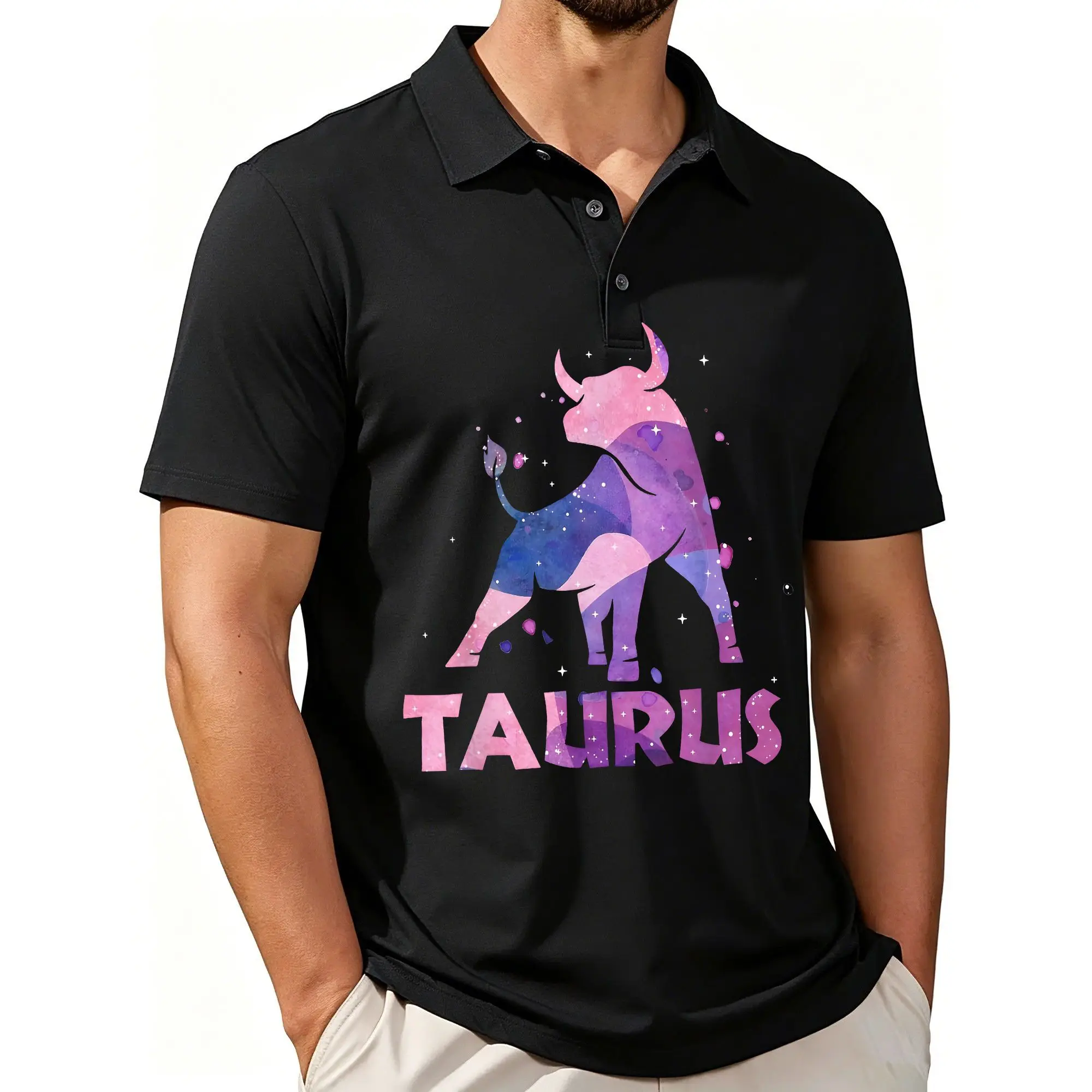 Men's Printed Short-Sleeved Polo Shirt with Taurus Astrologer Constellation Theme, Stylish and Casual Fit, Breathable Fabric, Suitable for All Seasons.