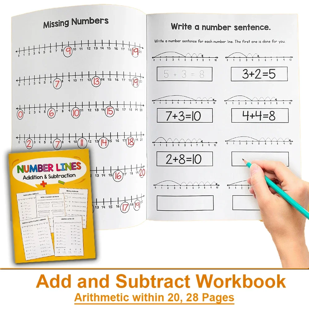 Addition & Subtraction within 20 Training Workbook Number Line Practice Book Kindergarten Preschool Maths Learning Montessori
