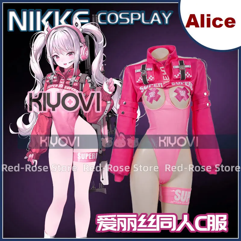 Anime gra NIKKE: bogini zwycięstwa Alice Cosplay różowe bikini z PU stroje kąpielowe kobiety Halloween kostiumy karnawałowe seksowny kombinezon