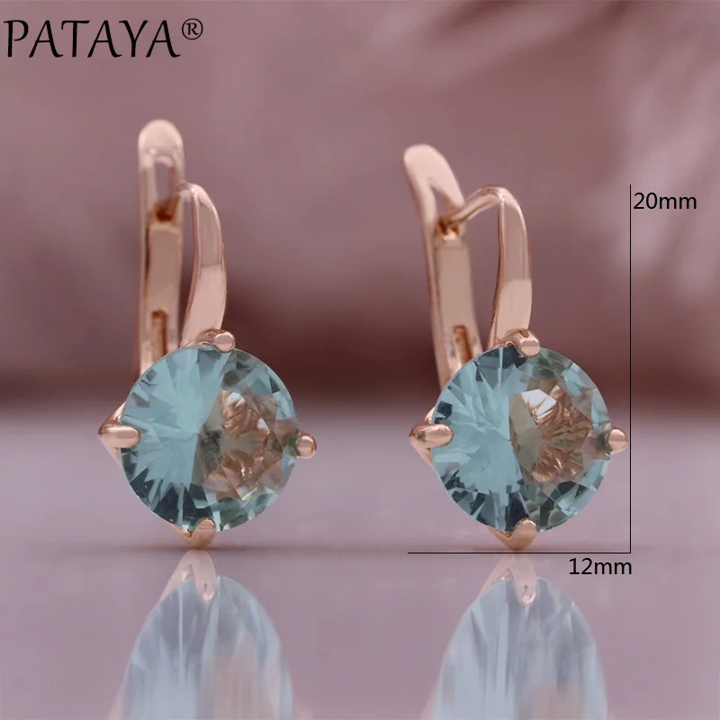 PATAYA New 585 Rose Gold Color Earrings Ring Sets For Women Round Natural Zircon Bride Rings Wedding Fashion Jewelry Sets