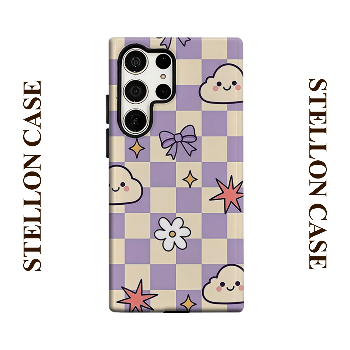 Purple Checker Cute Doodle For Samsung Galaxy Phone Case S23 S20 S25 FE S24 Plus S26 Ultra 2-IN-1 Shockproof Bumper Hard PC