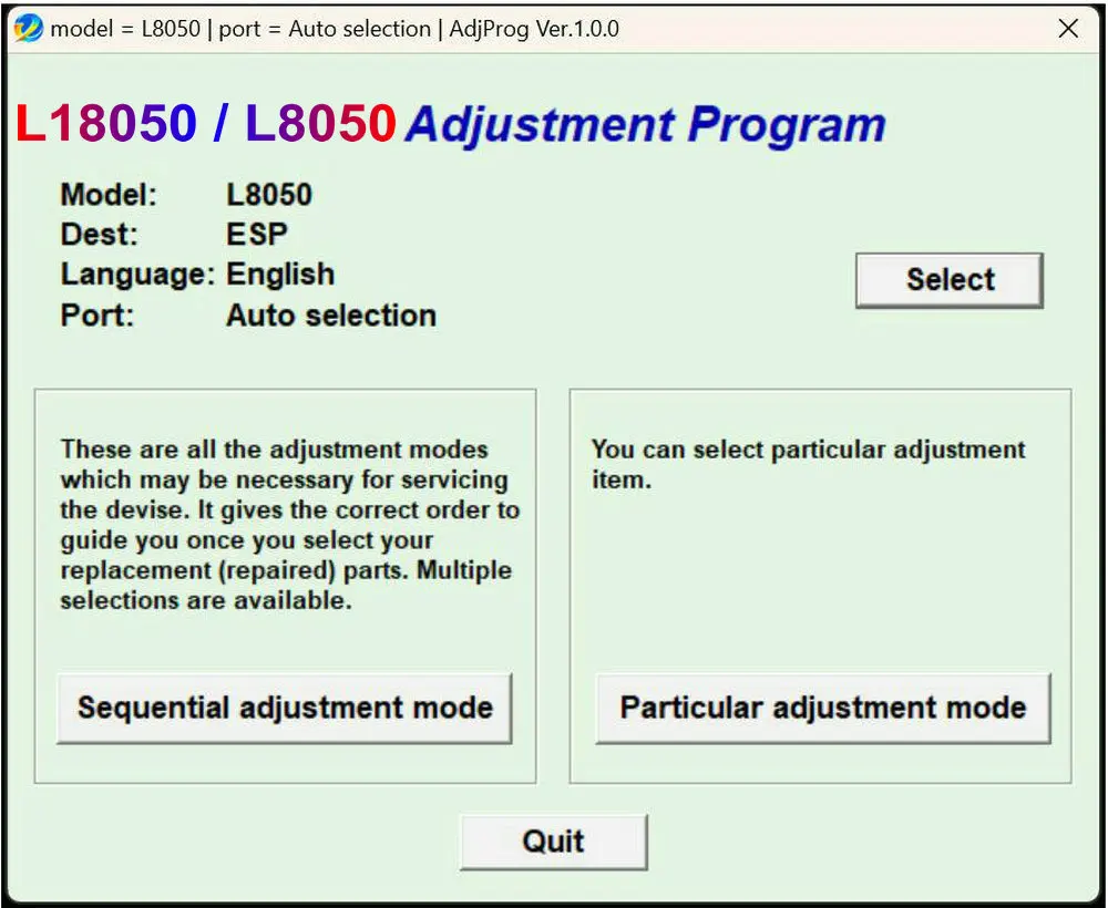 Imagem -02 - Programa de Código de Software V1.0.0 Adjprog Impressora de Ajuste para Técnico Epson Ecotank L8050 L18050 L18058 L8058 L8050 L18050